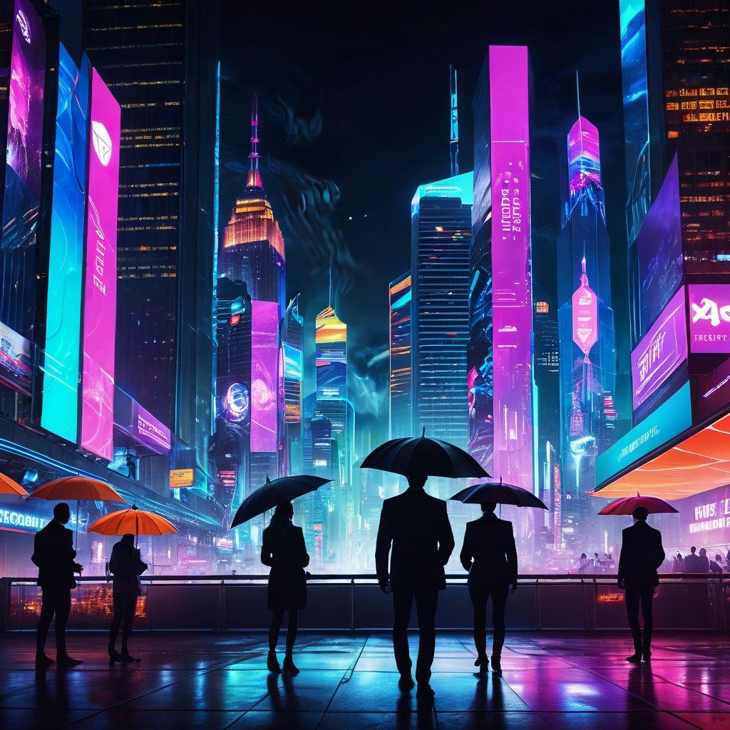 A futuristic city skyline with diverse individuals interacting with holographic insurance interfaces, showcasing innovative claim management solutions. Include elements of digital data flowing, symbols of coverage like umbrellas and shields, and a backdrop of high-tech buildings representing risk management. The scene should exude a sense of progress and technology, with vibrant colors illuminating the interactions. cyberpunk. vibrant colors. 3D.