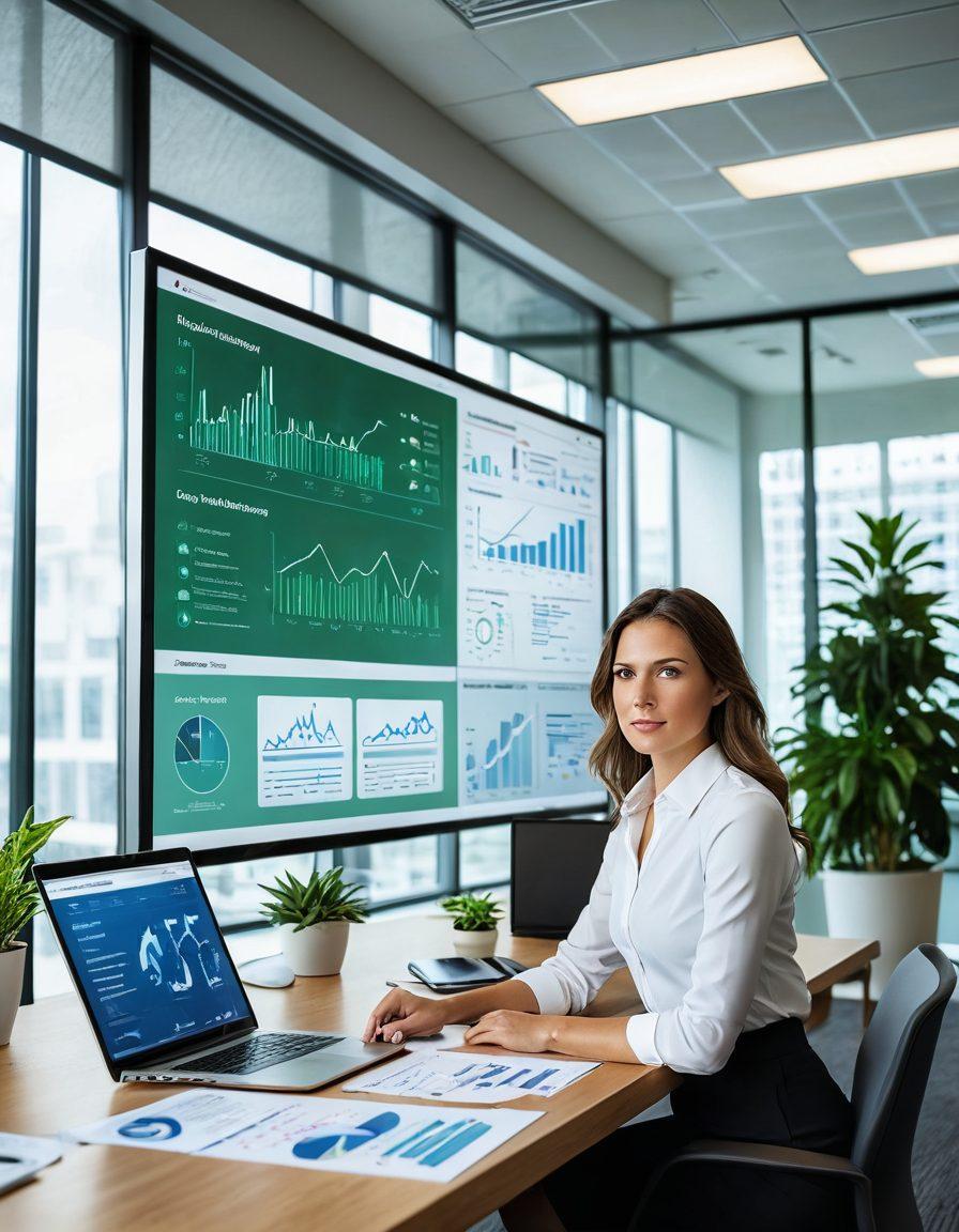 A modern insurance office scene featuring diverse professionals collaborating around a large digital display showing charts and analytics related to defect management and loss prevention. In the foreground, a confident woman points at a diagram, symbolizing innovative solutions. The background depicts contemporary design with glass walls and green plants for a fresh atmosphere. Include elements like insurance policy documents and digital devices on the table. vibrant colors. super-realistic.