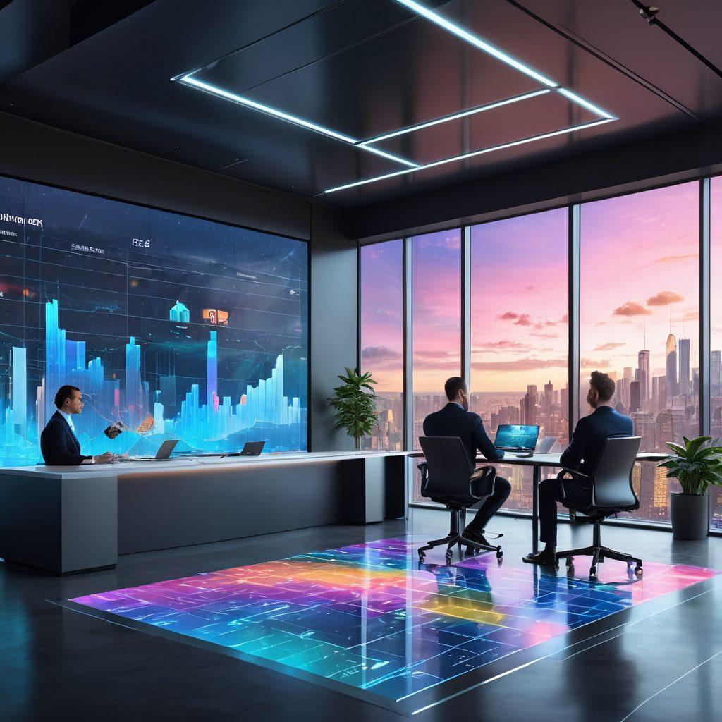 A futuristic insurance office, showcasing a sleek, modern workspace with holographic charts and innovation-driven technology. In the foreground, a diverse team of professionals discussing strategies, surrounded by floating digital data visualizations symbolizing risk management. A large window overlooks a vibrant cityscape, symbolizing growth and stability. Bright and engaging colors enhance the modern atmosphere. super-realistic. vibrant colors. 3D.